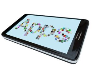 The word Apps spelled in app tile icons on a modern black smart phone